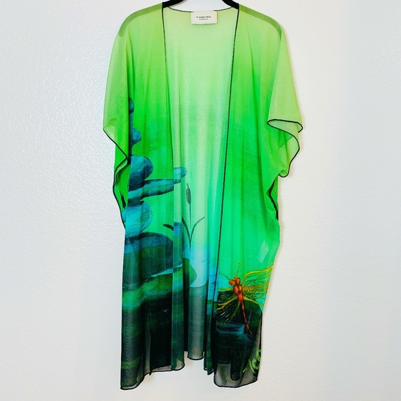 Le Galeriste Tops - Le Galeriste Kimono Dragonfly Print Womens One Size Green Open Front Artsy Sheer